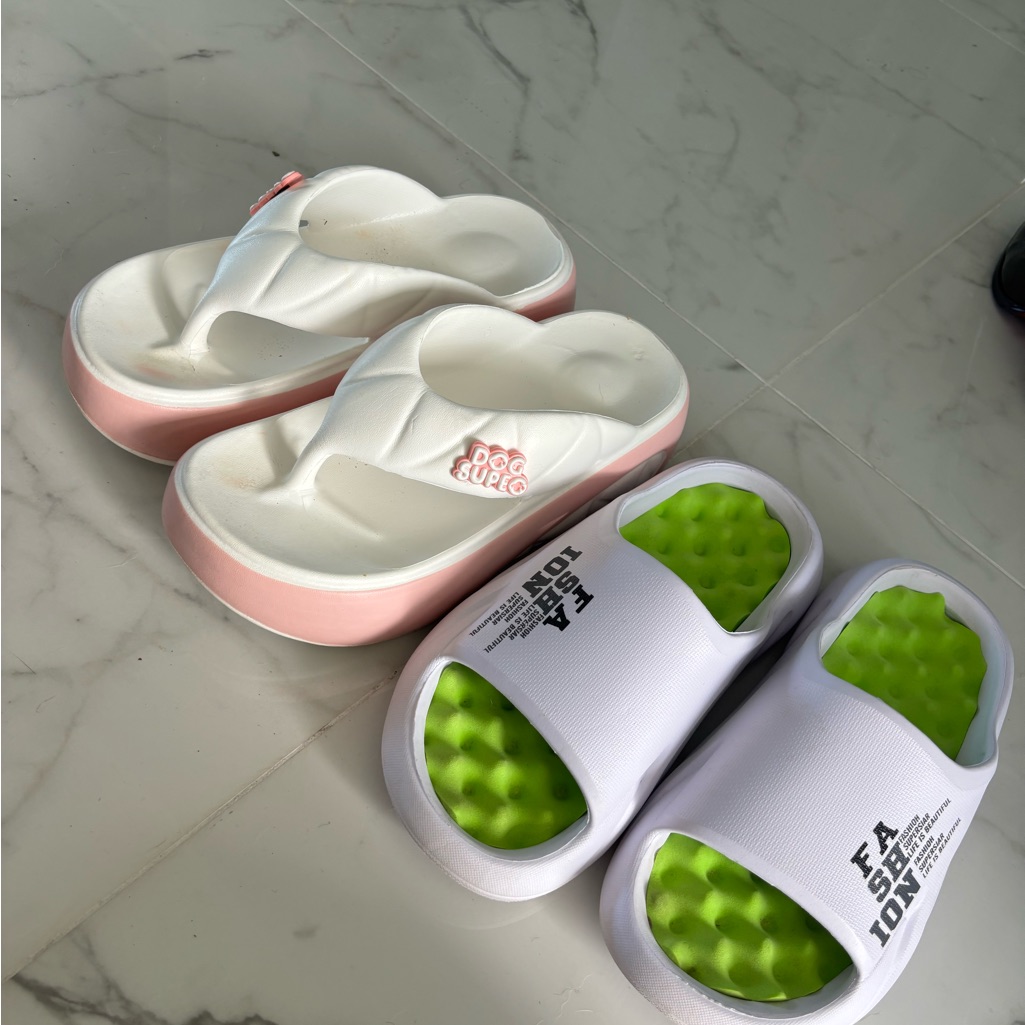 White And Pink Platform Slides Plus Green Massaging Slides